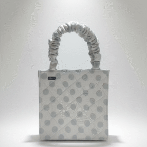 Elegant Grey Polka Dot Fabric Handbag – Stylish Quilted Mini Tote with Scrunched Handles