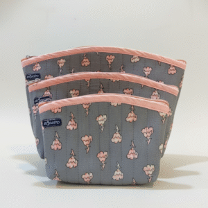 Women’s Grey & Pink Floral Fabric Pouch Set - Quilted Pouches (Set of 3)