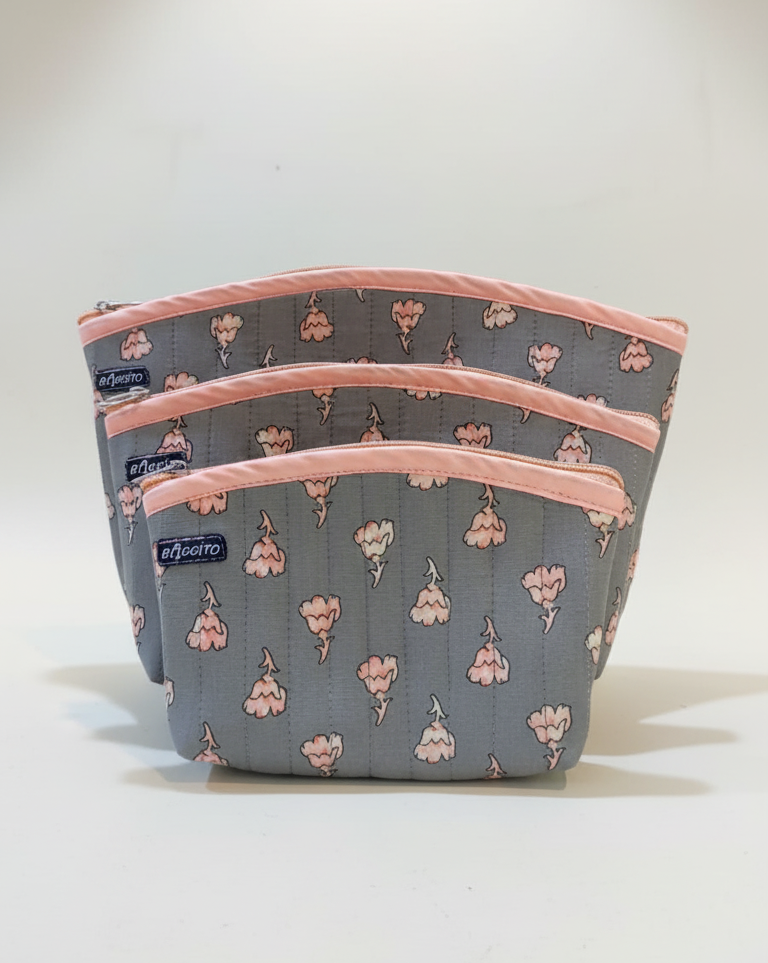 Women’s Grey & Pink Floral Fabric Pouch Set – Quilted Pouches (Set of 3)