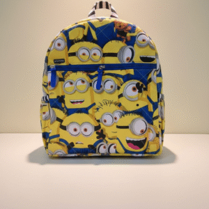 Kids’ Bright Yellow Minions Print Quilted Fabric Backpack - Fun School Bag with Black & White Striped Straps