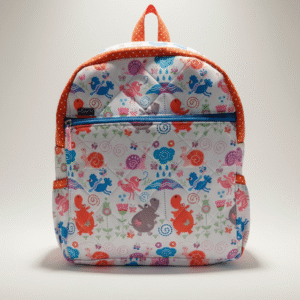 Kids’ Colorful Animal Print Backpack – Quilted Fabric School Bag with Orange Polka Dot Straps