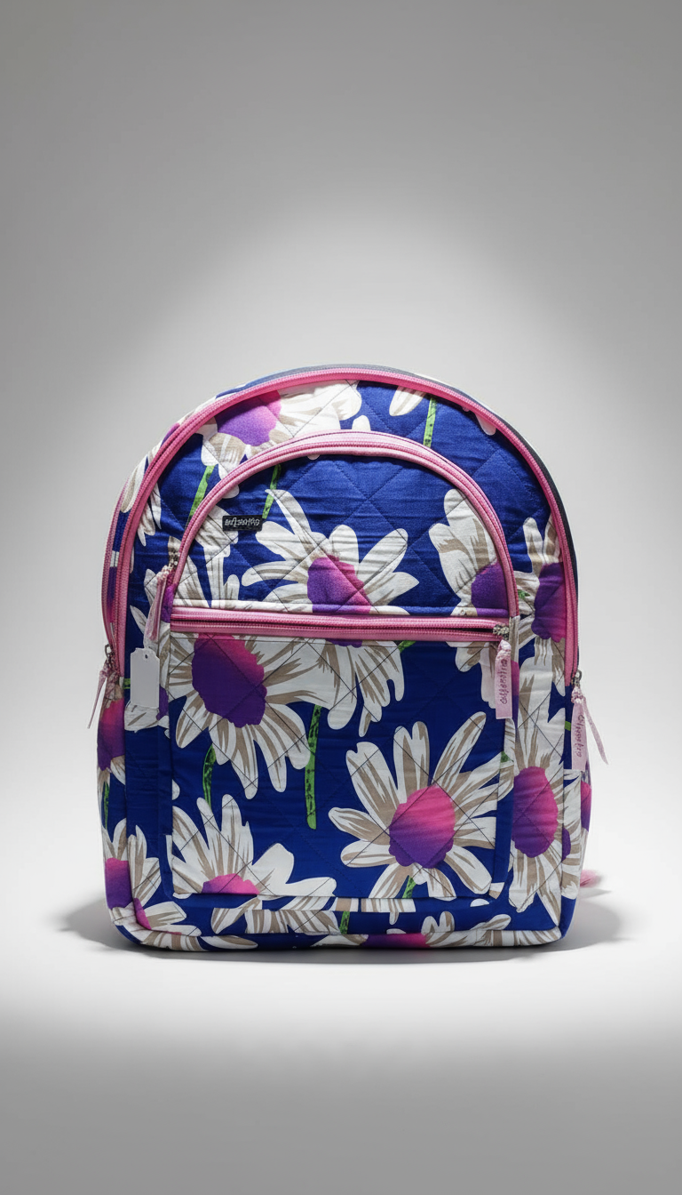 Women’s Blue Floral Printed Quilted Fabric Backpack – Spacious Backpack with Pink Zippers