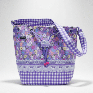 Women’s Purple Floral Canvas Bucket Bag - Lace-Trimmed Drawstring Shoulder Handbag with Gingham & Flower Print