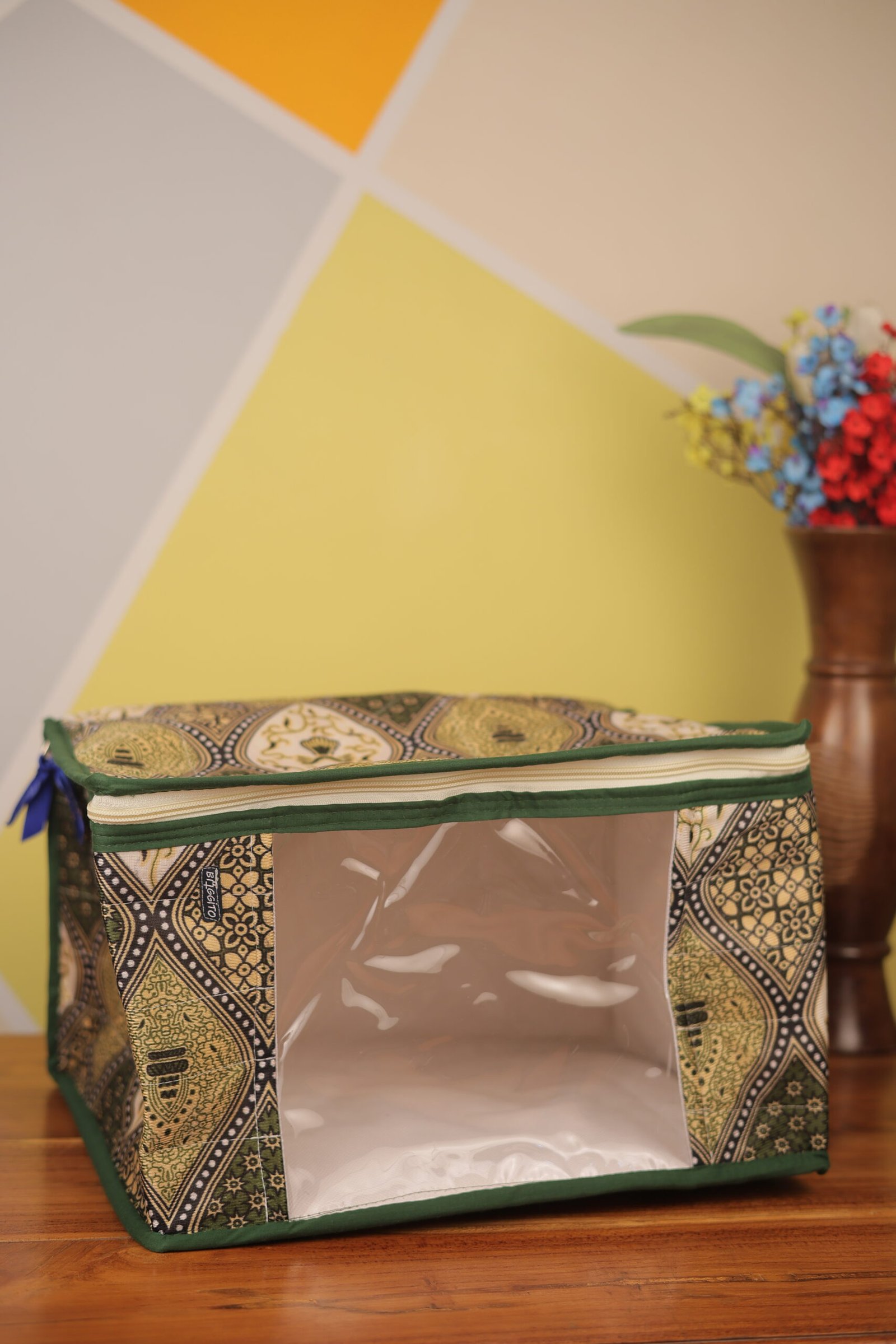 Baggito Green & Gold Batik Clothes Organizer with Clear Window