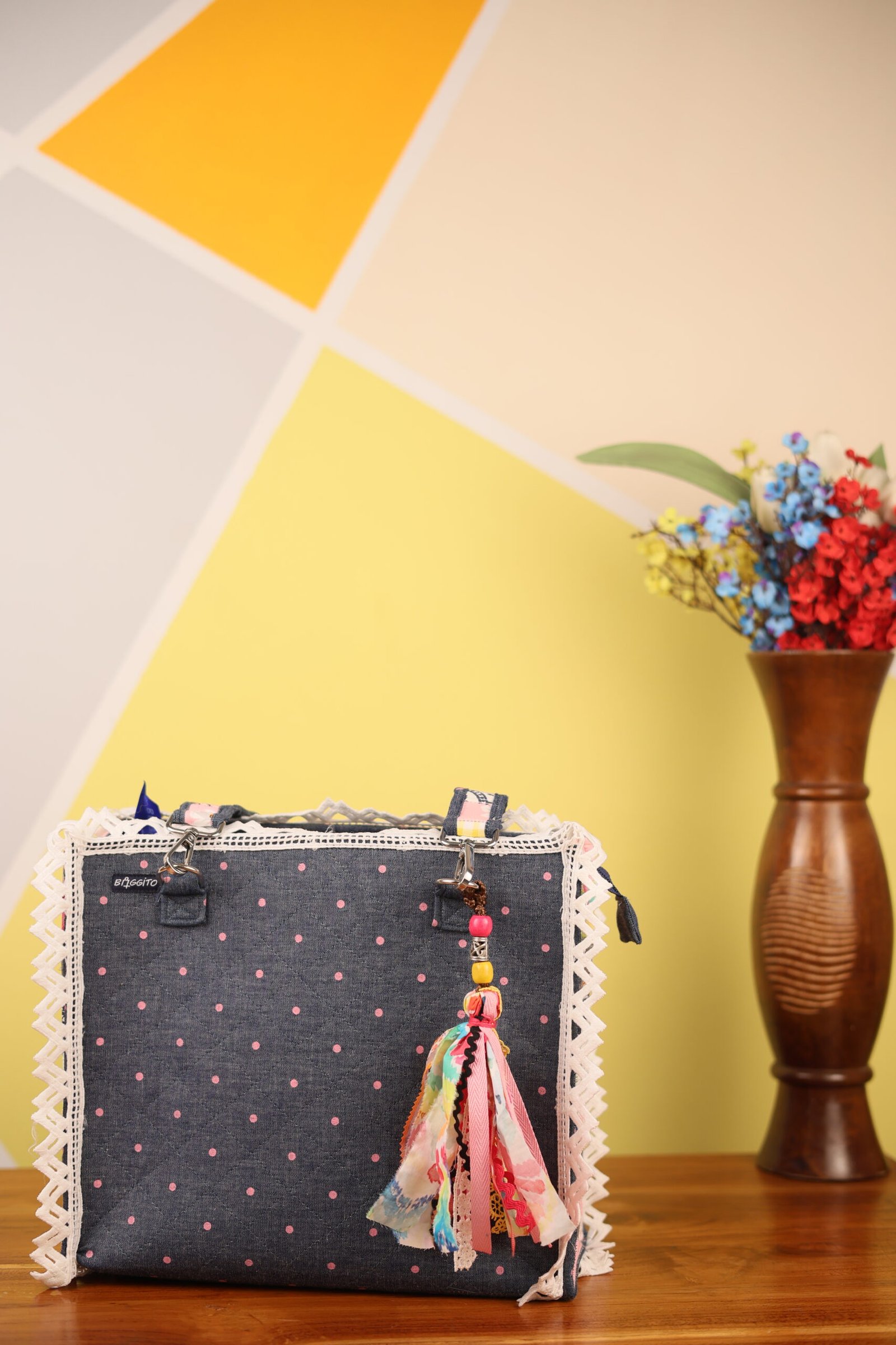 Baggito Denim Polka Dot Handbag