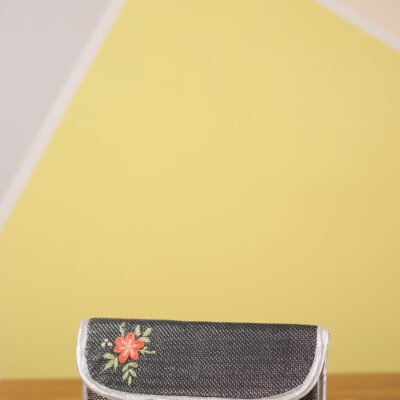 Baggito Silver & Black Mesh Wallet with Floral Embroidery